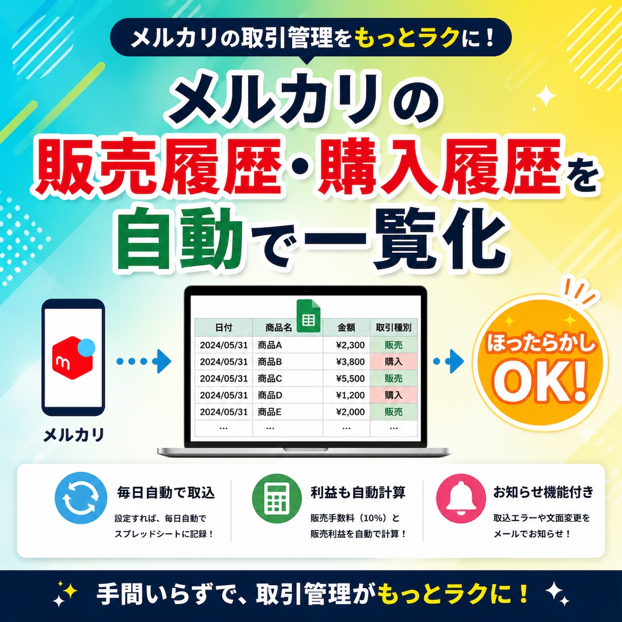 メルカリの売買履歴を自動で一覧化します 設定後は毎日自動で記録。手動記録から解放されます イメージ1