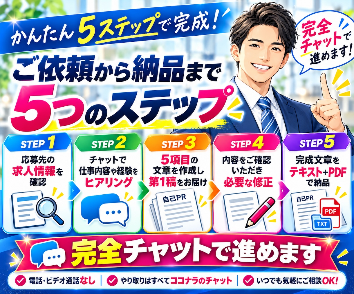 自己PR・志望動機など5項目を作成します 普通の経験から強みを発掘！完全チャットで文章化 イメージ7