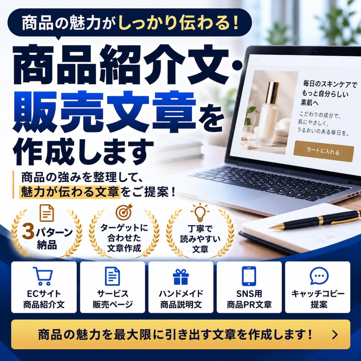 商品紹介文や販売用の文章を丁寧に作成します 商品の魅力が伝わる紹介文を3パターン作成！ イメージ1