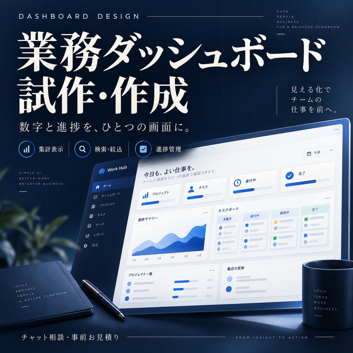 数字と進捗をまとめる管理画面を試作します 顧客・案件・未対応を見渡せる業務ダッシュボード イメージ1