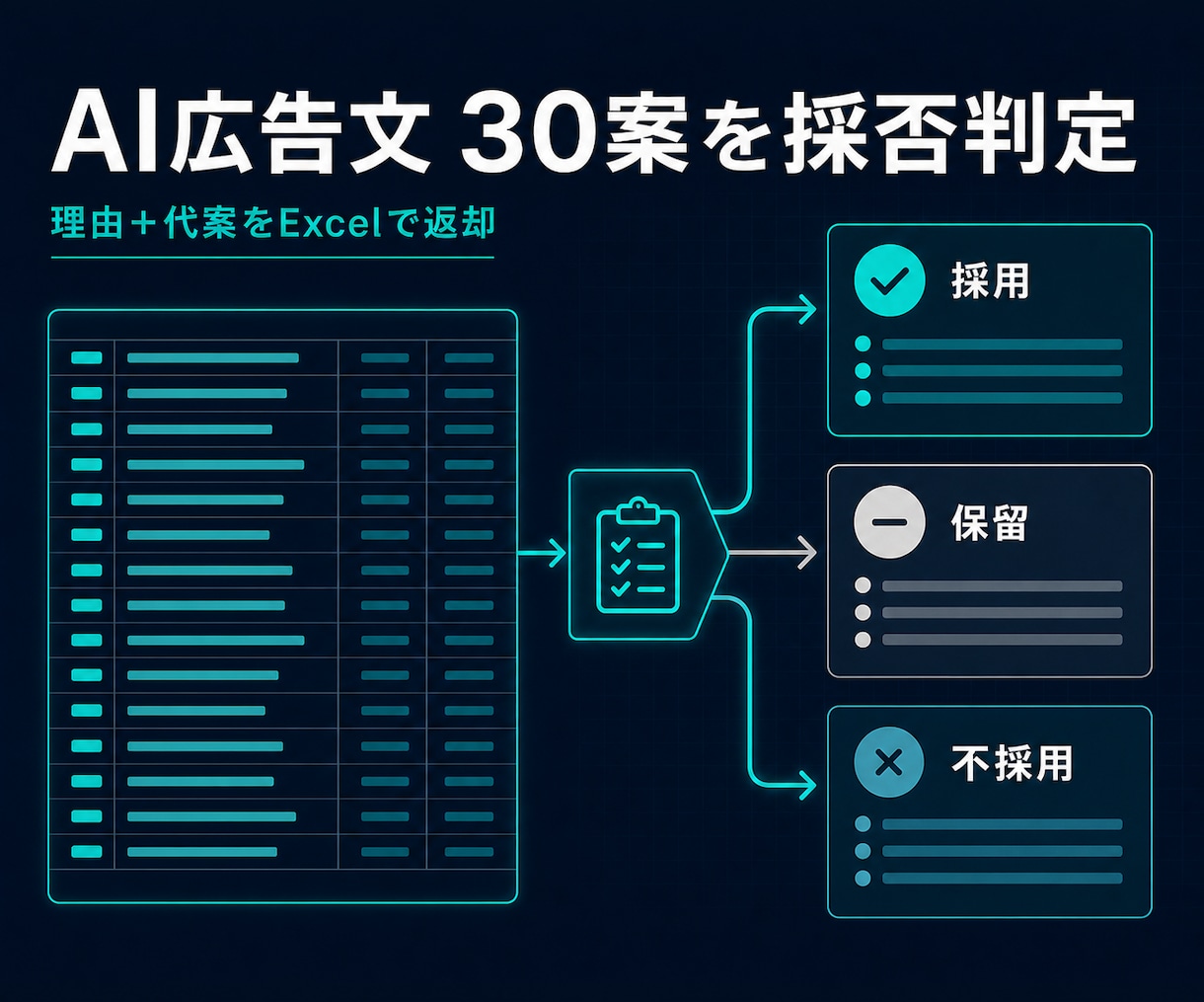 AI生成の広告文30案を採否判定します 採用・保留・不採用の理由と代案をExcel納品 イメージ1