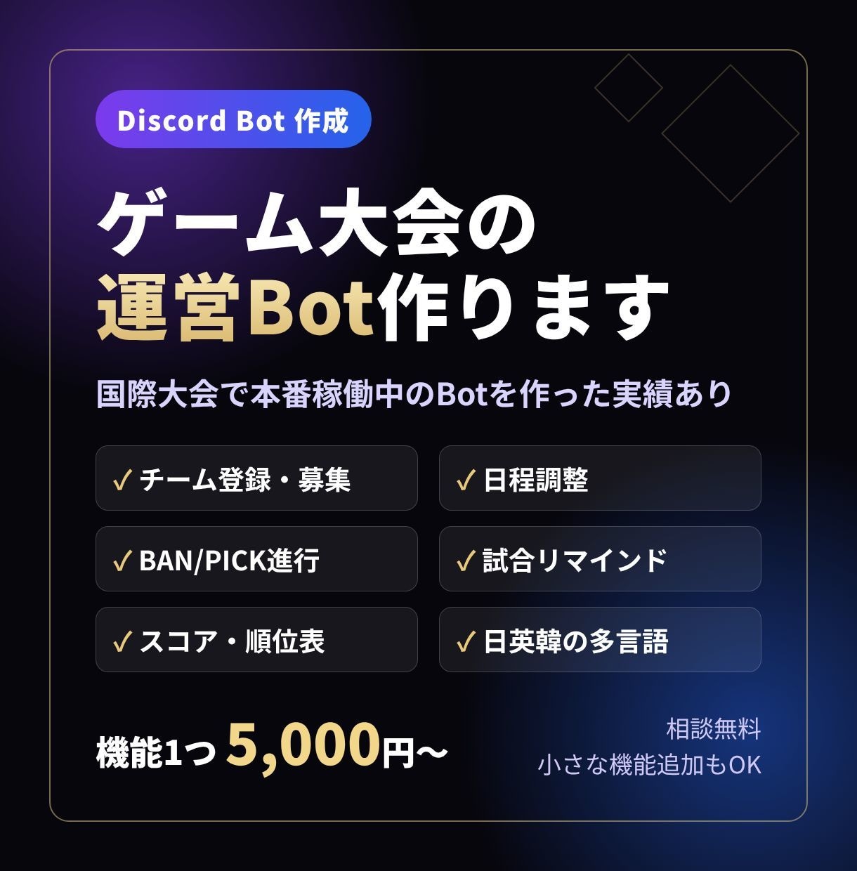 Discordでゲーム大会の運営Botを作ります 国際大会で本番稼働中のBotを作った実績あり イメージ1
