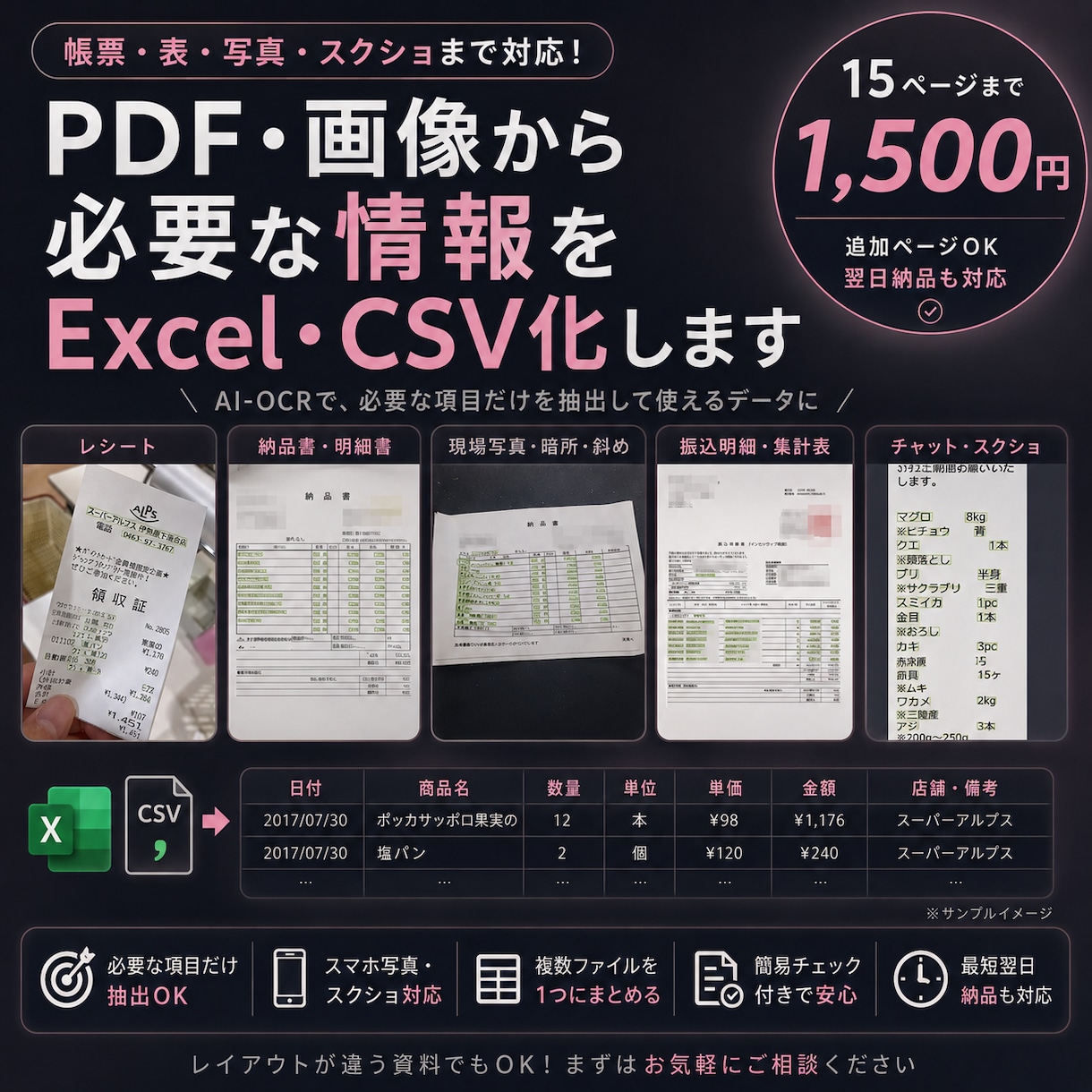 PDF・画像の文字や表をExcel・CSV化します 帳票・表・写真・スクショ対応｜15ページ1,500円 イメージ1