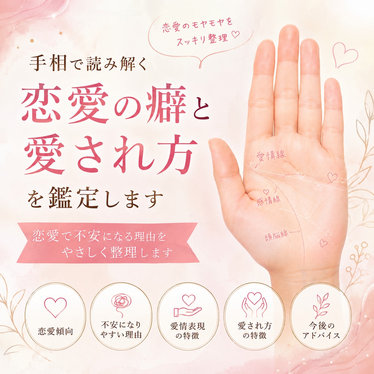 手相で恋愛が不安になる理由と愛され方を鑑定します 恋愛の癖・不安・愛情表現をやさしく整理します イメージ1
