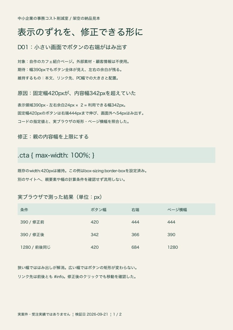 AIサイトの見た目のずれと修正案を整理します 見本と現状を比べて、修正優先順位と指示文を作成 イメージ2