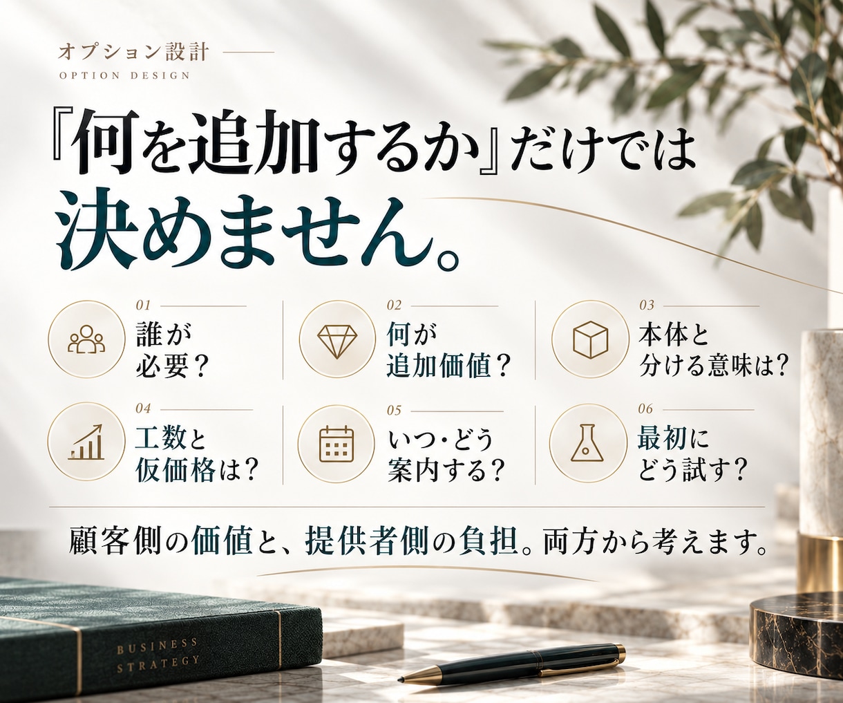 販売実績ある商品・サービスのオプションを設計します 商品・サービス本体を崩さず、追加価値・価格・見せ方を整理 イメージ6
