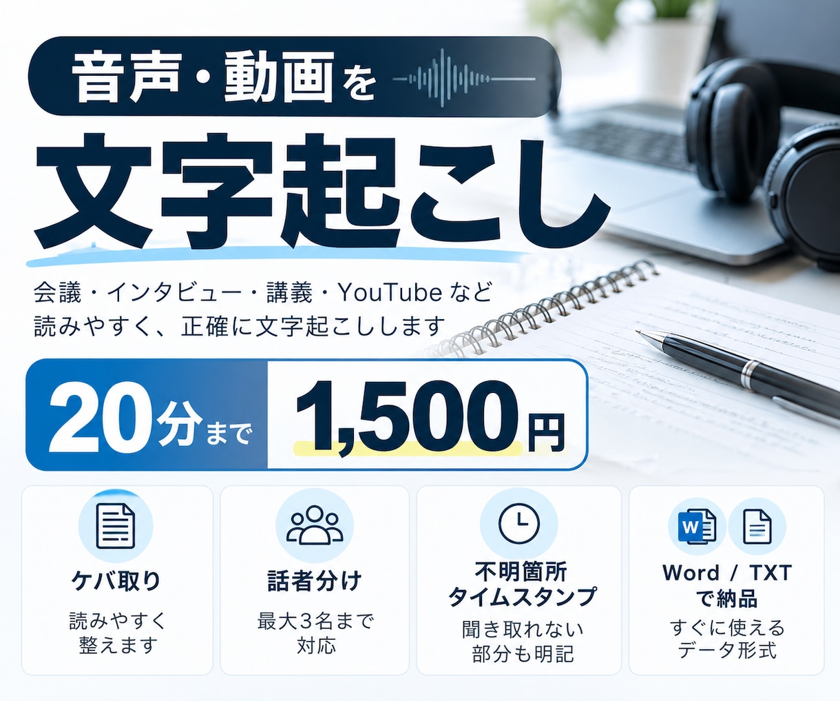 音声・動画を読みやすく文字起こしします ケバ取り・話者分け対応｜会議・インタビュー・動画に イメージ1