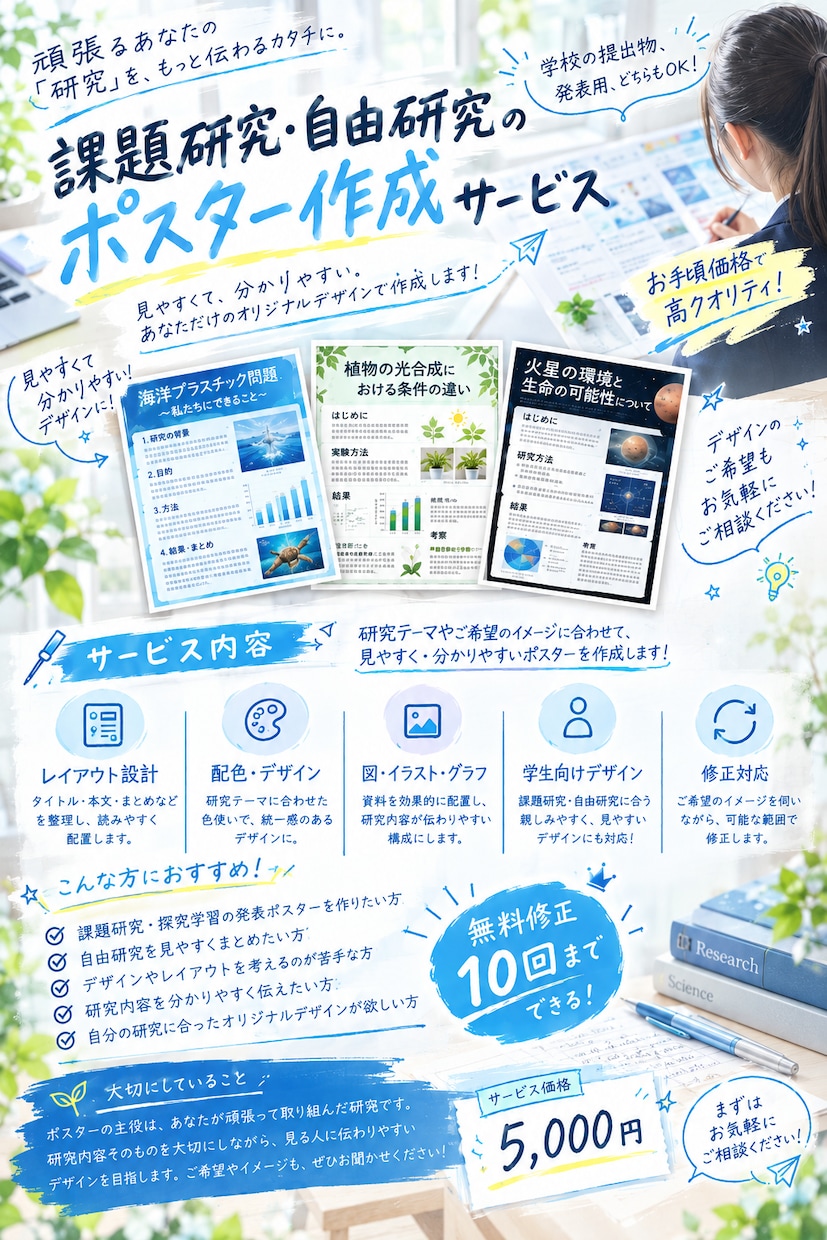 課題研究、自由研究のポスター作成します 学生感のあるデモクオリティの高いポスターをお手頃価格で イメージ1
