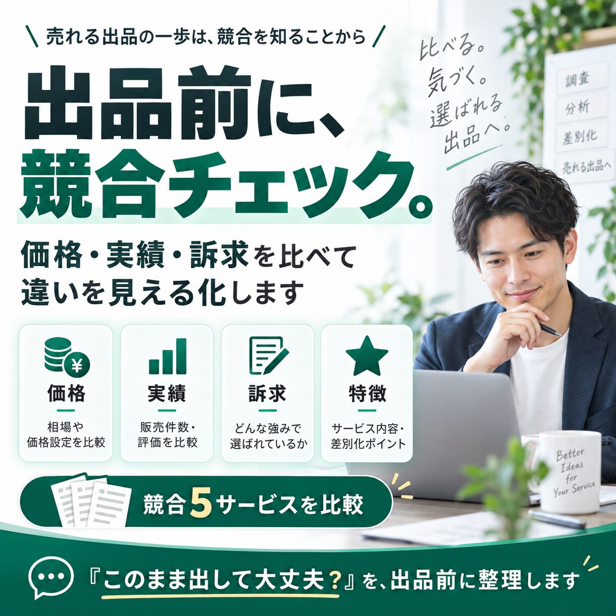 競合を調べて違いと差別化ポイントを整理します 価格・実績・訴求を比較して、出品前の判断材料をまとめます イメージ1