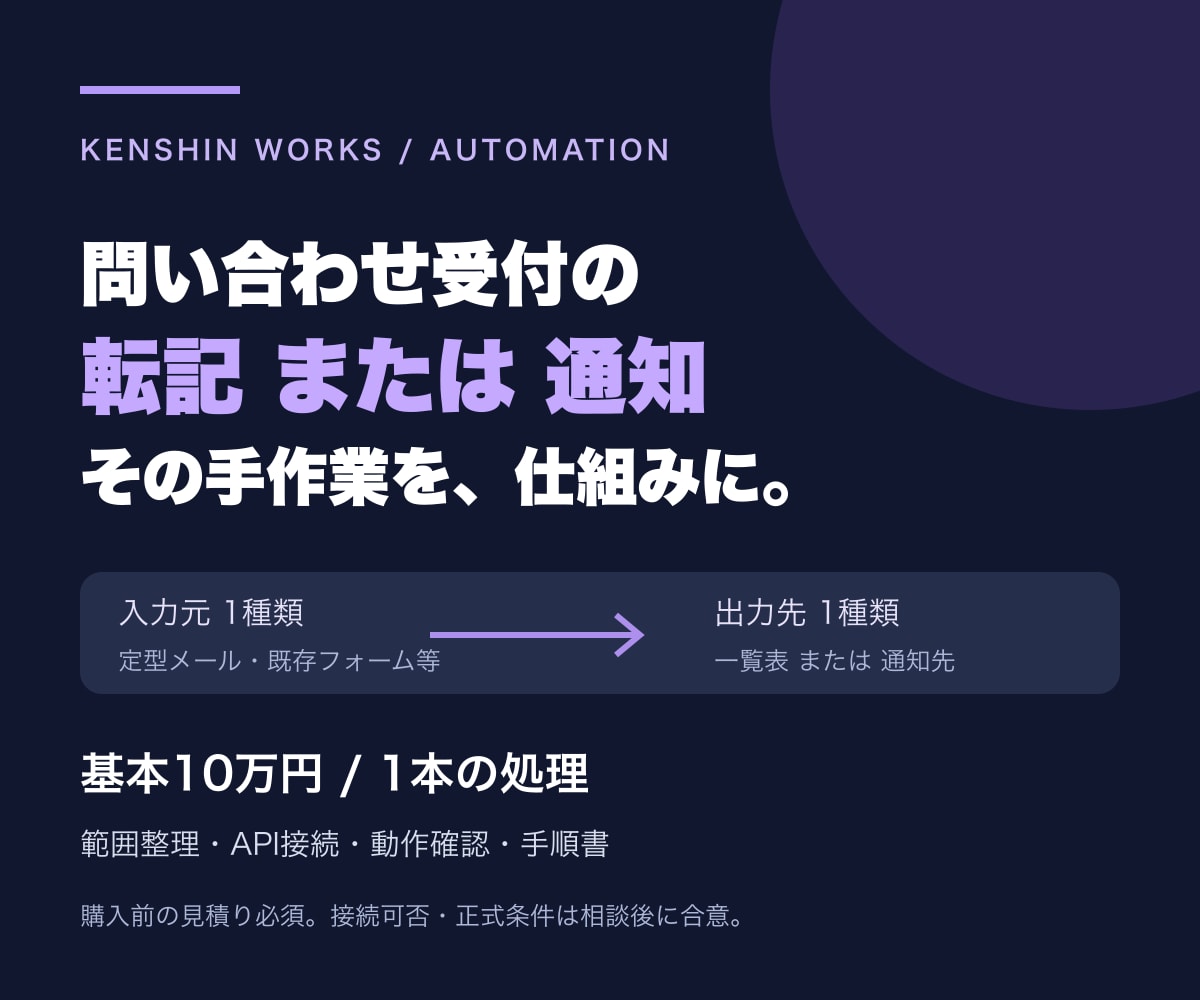 問い合わせ受付の転記または通知を自動化します 受付条件の整理からAPI接続・テスト・引継ぎまで イメージ1