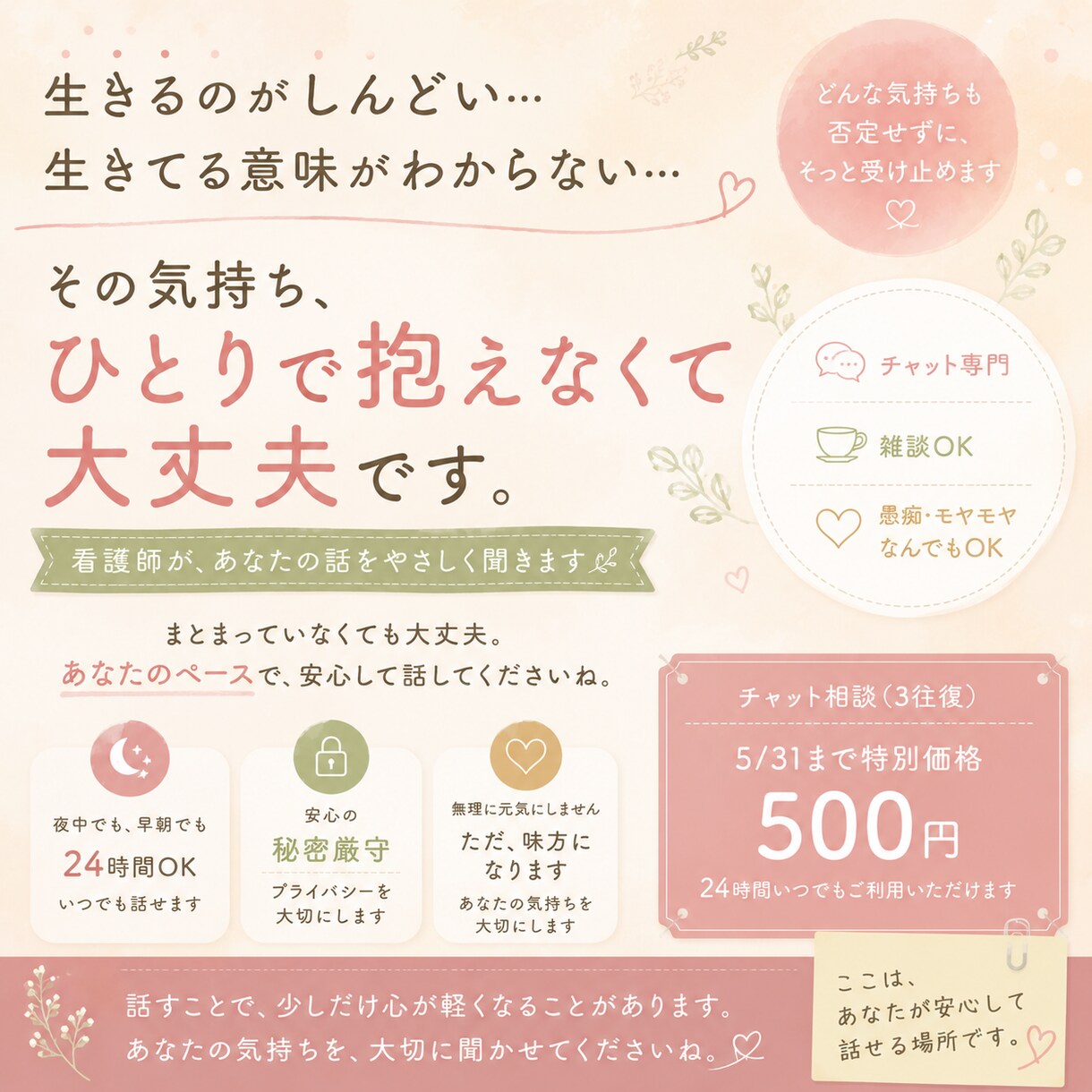 現役ナースがチャットでお悩み聞きます 身近な人には話せないことなんでも聞きます。 イメージ1