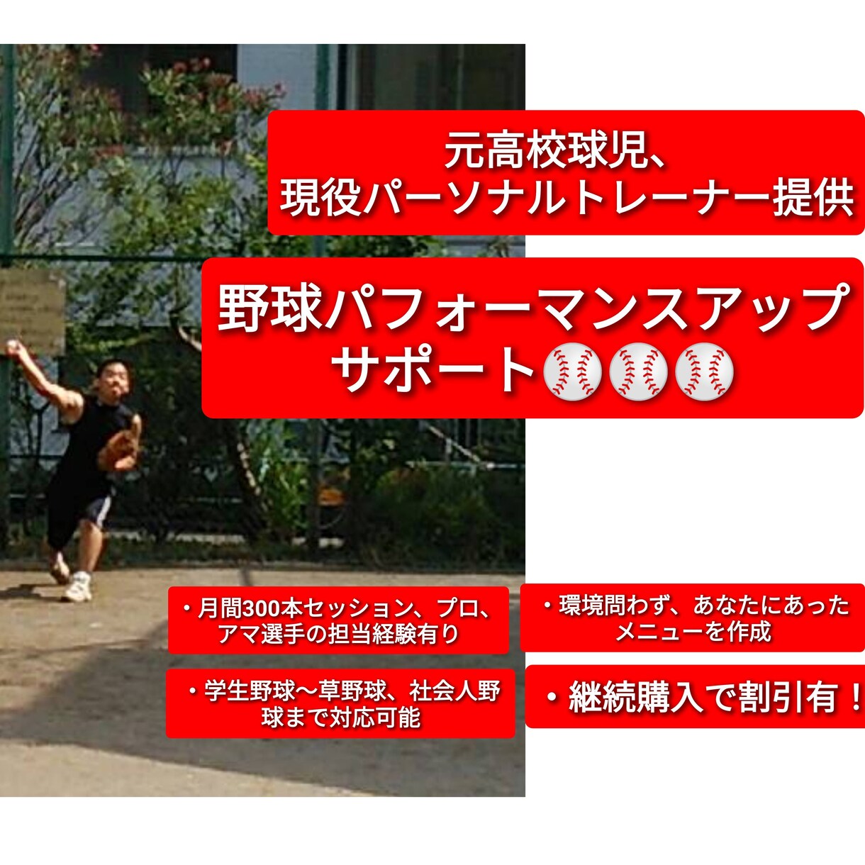 野球の為の補強メニュー作ります 家でもできる簡単メニューでパフォーマンスアップ!! イメージ1