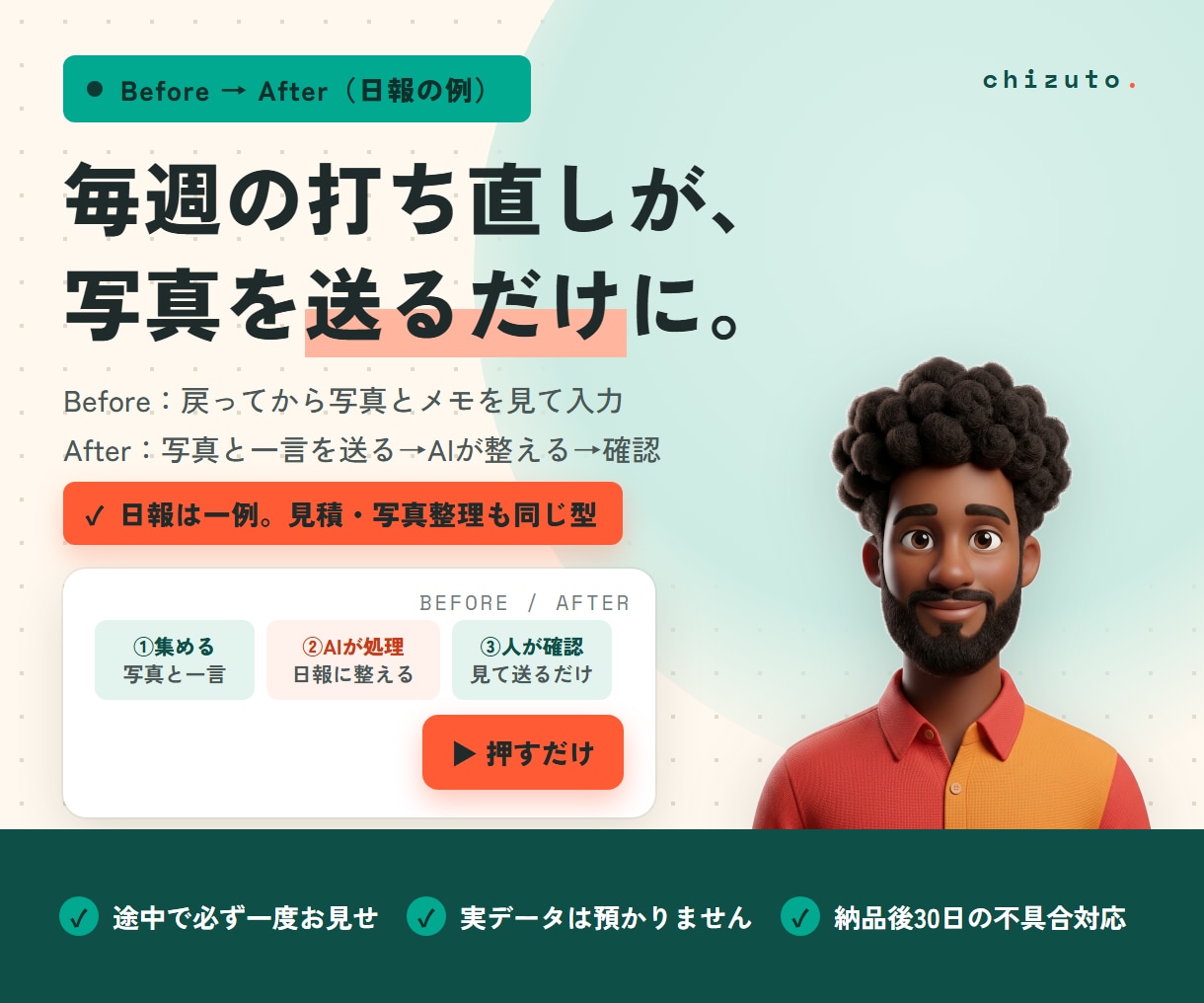 建設業の手作業を1つ、AIで自動化します 日報・写真・見積の転記をボタン1つに。他業種もご相談を イメージ2