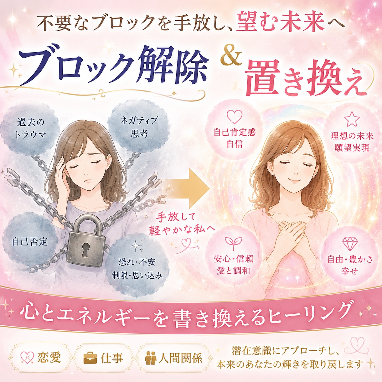 潜在意識の基本ブロック解除、置き換えます ブロック解除、置き換えが初めての方向け イメージ1