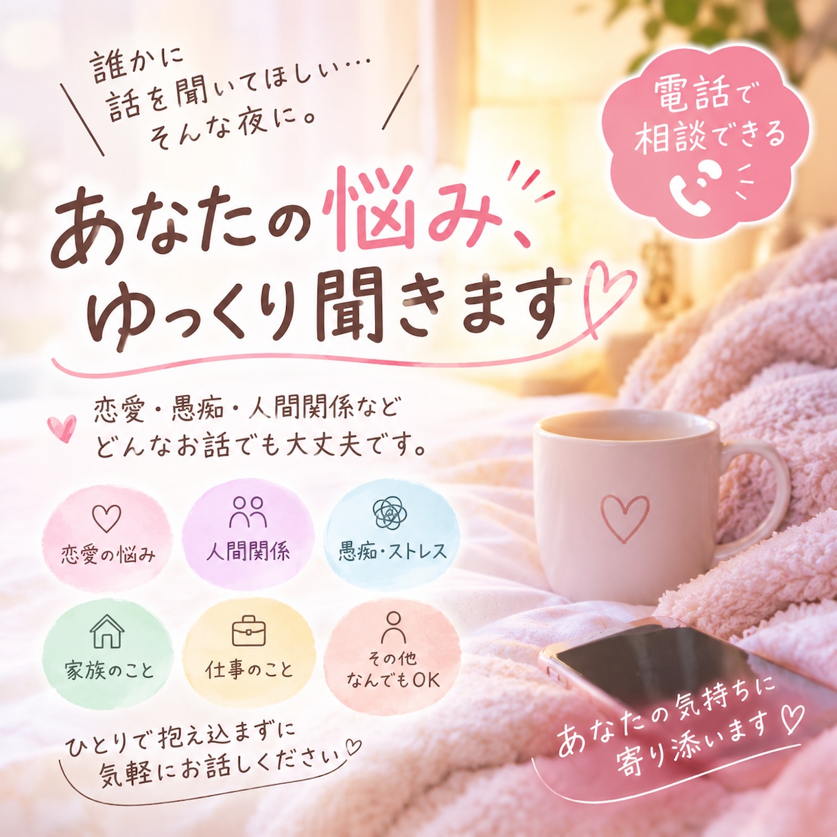 誰にも言えない悩み、電話でゆっくりお聞きします 恋愛・愚痴・人間関係など、どんなお話も否定せずお聞きします イメージ1