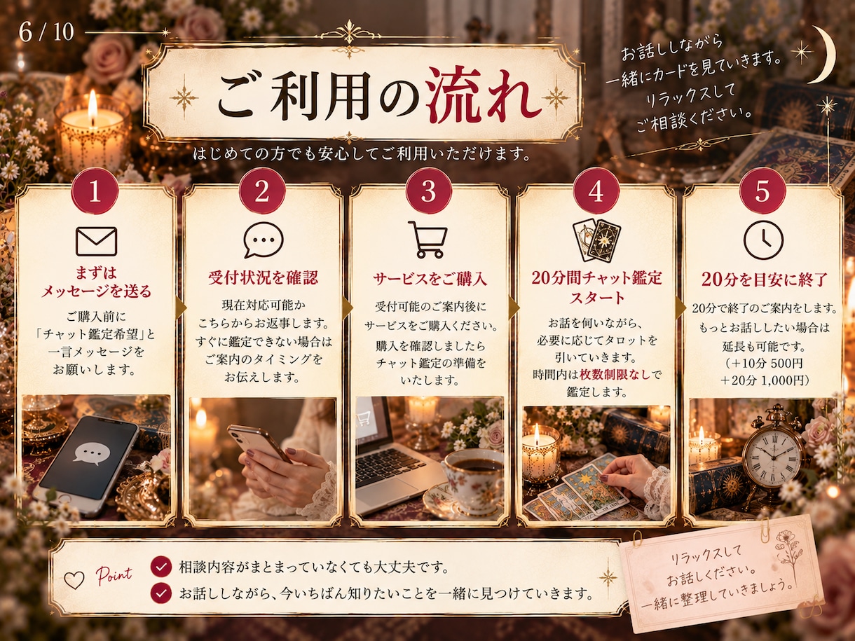 すぐ鑑定｜20分チャットでタロット占いします 時間内はタロット枚数制限なし｜気になることをその場で占います イメージ6