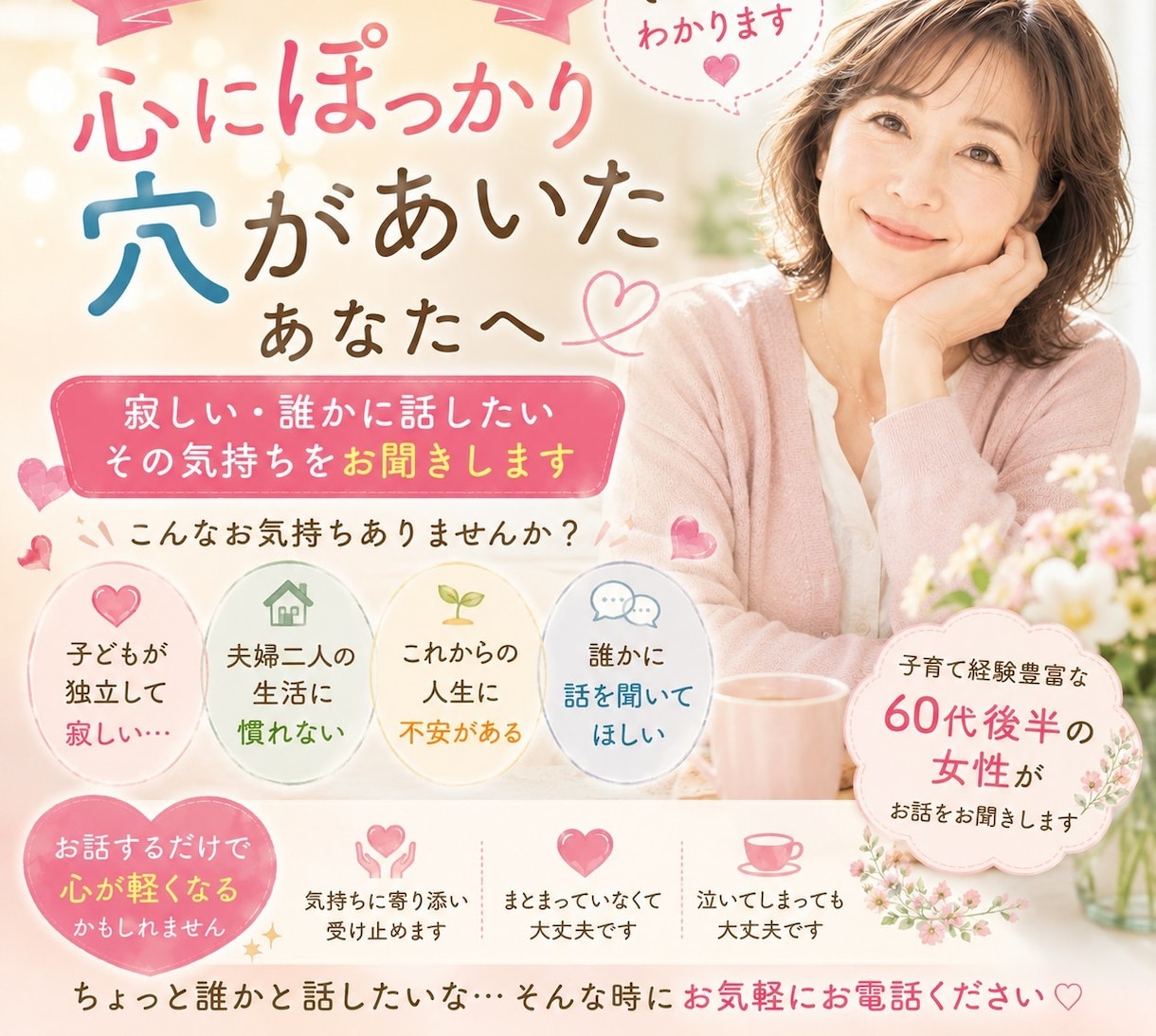 寂しい誰かに話したい、その気持ちをお聞きします 子育てを終えた方、終えようとしてる方の女性向けのサービスです イメージ3