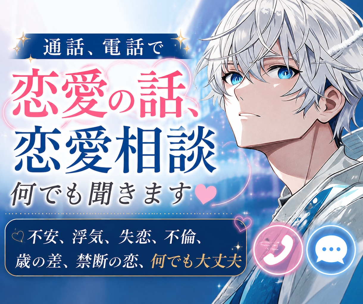 通話、電話で恋愛の話、恋愛相談何でも聞きます 不安、浮気、失恋、不倫、歳の差、禁断の恋、何でも大丈夫 イメージ1