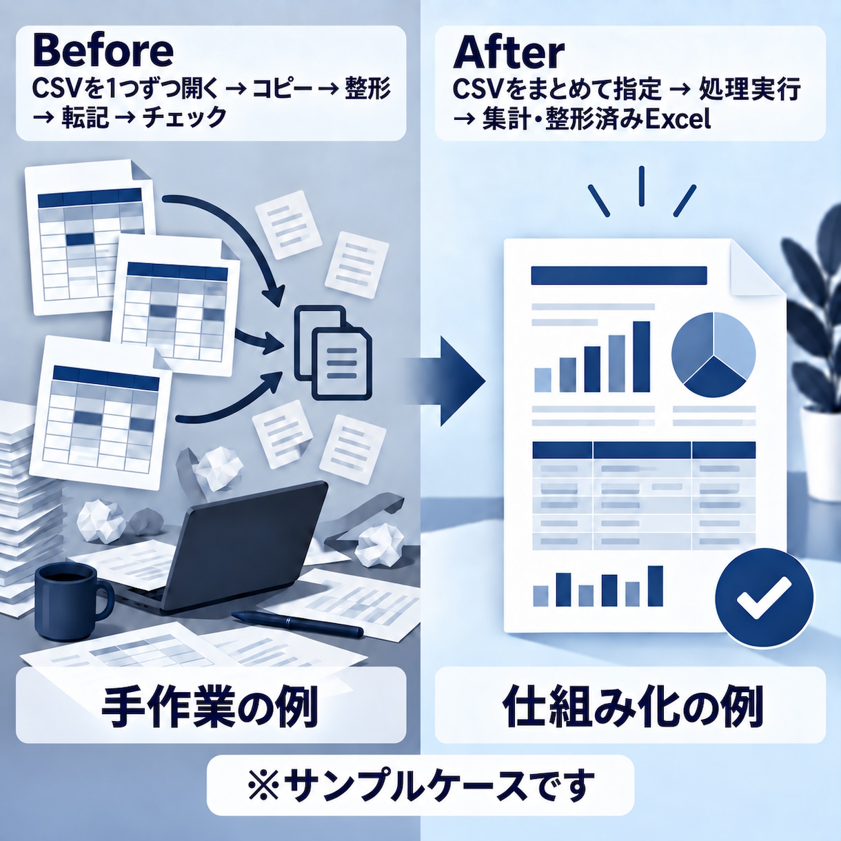 毎回のExcel・CSV作業を整理し、自動化します 曖昧な作業も、必要な部分から小さく仕組み化します。 イメージ2
