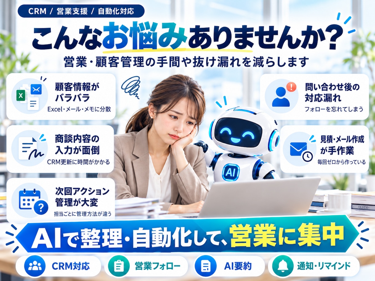 CRM・顧客管理・営業業務をAIで自動化します CRM・AI・自動化を組み合わせた営業フローを構築します。 イメージ2