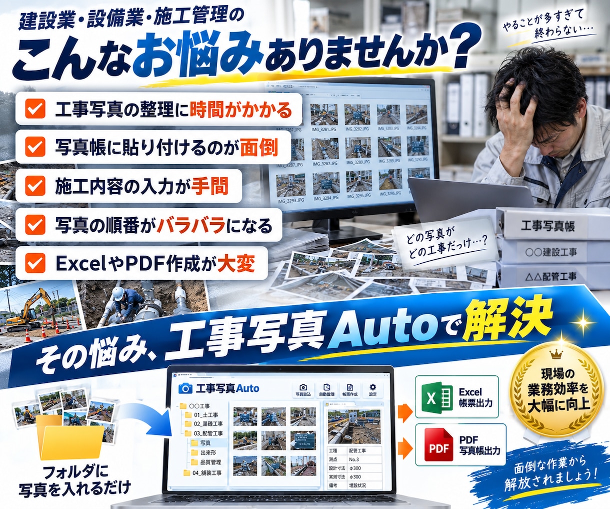 仕事省力化！工事写真を自動整理・写真帳に出力します フォルダに写真を入れるだけ。写真帳作成を大幅時短 イメージ2