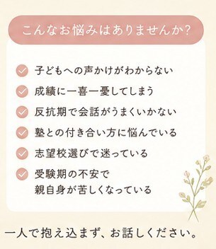 中学受験・大学受験で悩む保護者様に寄り添います 声かけ・親子関係・受験不安を一緒に整理します イメージ2