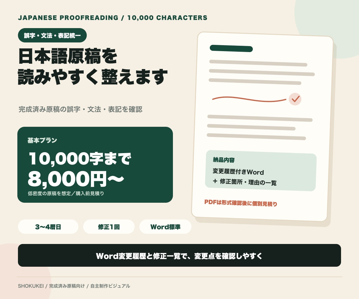 日本語原稿の誤字・文法・表記を校正します 1万字8千円〜。Word変更履歴と修正一覧でお返しします イメージ1
