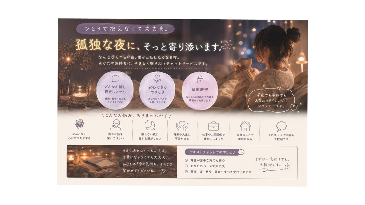 夜に孤独を感じるあなたへ、そばにいます 誰にも言えない気持ち受け止めます イメージ1
