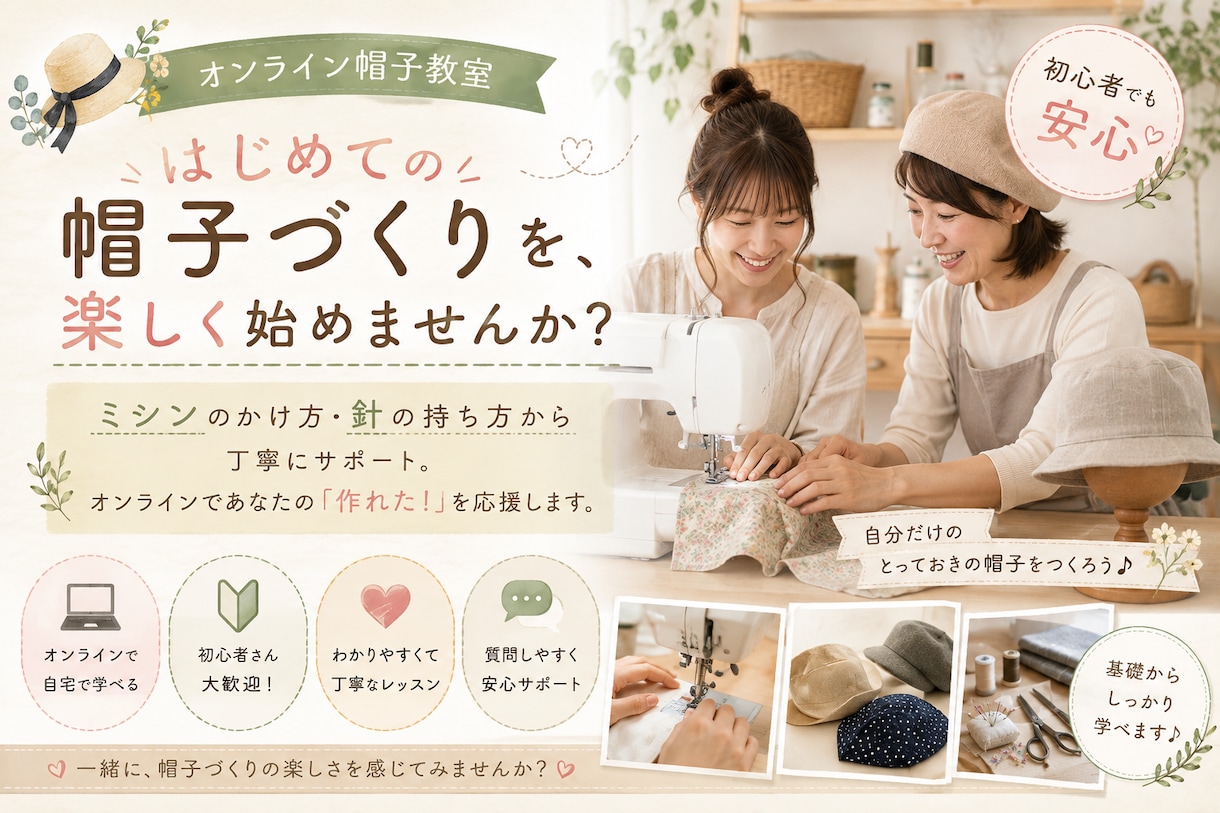 はじめての帽子制作をサポートします 初心者でも安心✿あなただけの帽子を作るオンライン教室 イメージ1