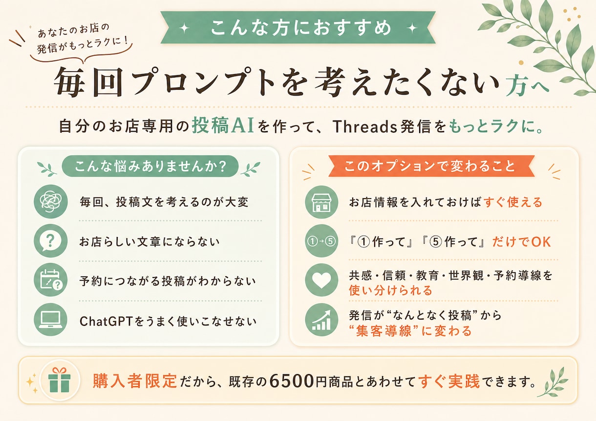 購入者限定｜自分専用の投稿AIを作れます 自分のお店らしいThreads投稿が作れる イメージ2