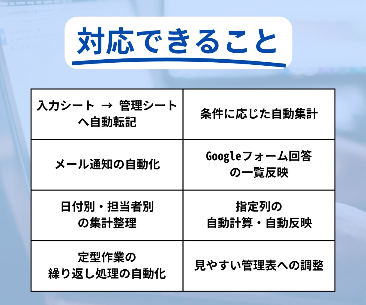 スプレッドシートの転記・集計・通知を自動化します 在庫管理・日報集計・売上集計など、毎日の手作業を減らします！ イメージ4
