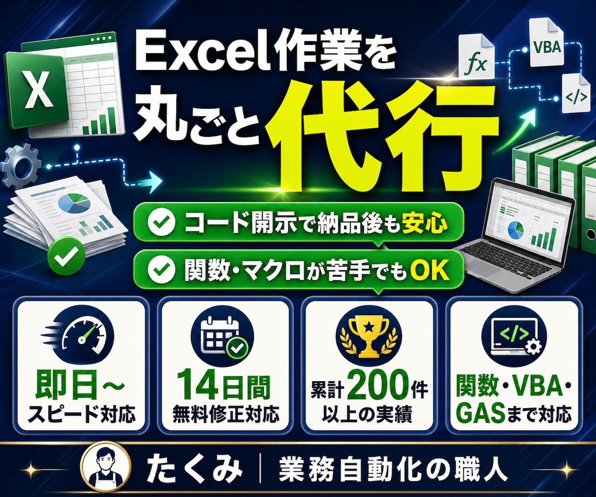 あなたのExcel作業、丸ごと引き受けます 累計200件以上の実績｜コード開示で納品後も安心｜即日〜対応 イメージ1