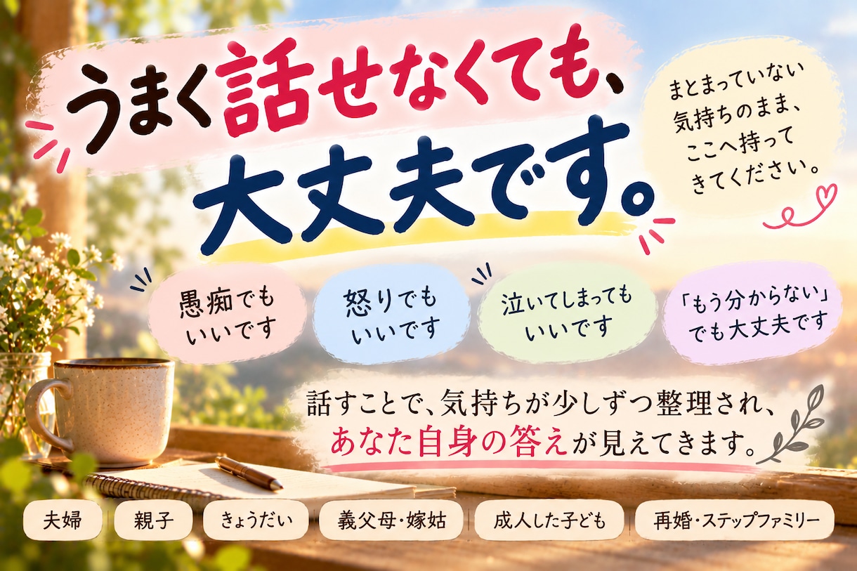 家族だからこそ言えないモヤモヤ、全部聞きます 近い関係だからこそ絡まる気持ちを、一緒に紐解きます イメージ8