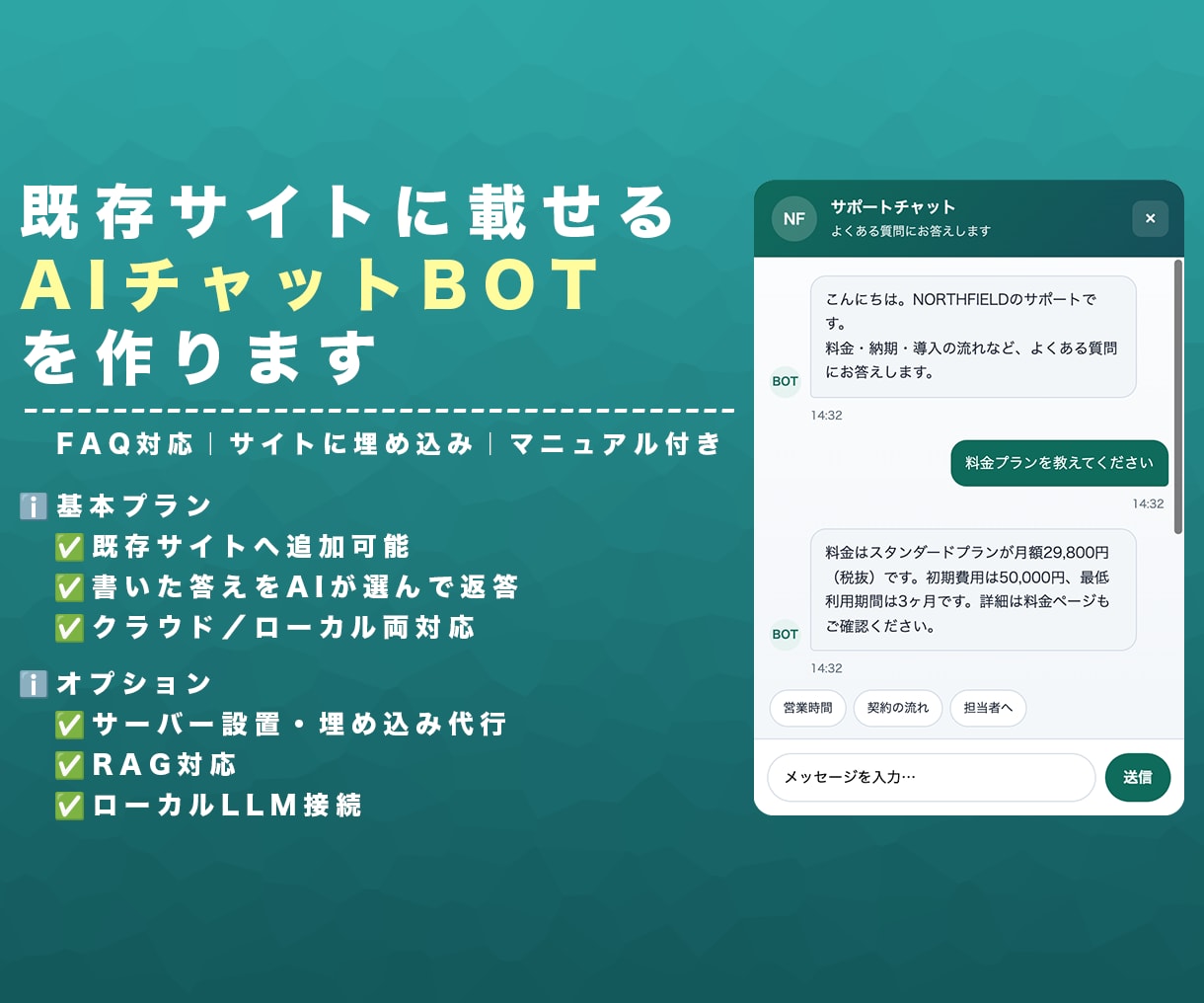 既存サイトに載せるAIチャットBOTを作ります 作り直し不要でFAQ固定応答のチャットを後付けします イメージ1