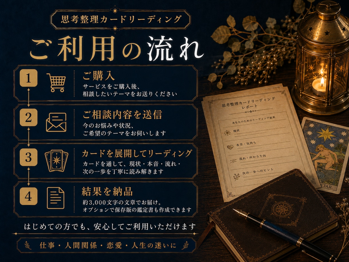 仕事人生の迷いをタロットで整理し次の一歩を導きます モヤモヤを言語化し、明日からの行動まで具体化します イメージ4