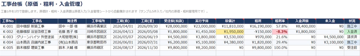 工事台帳Excelで工事別の粗利と未入金を出します 工事100件入り。請求漏れ・工事経歴書の下書きも イメージ2