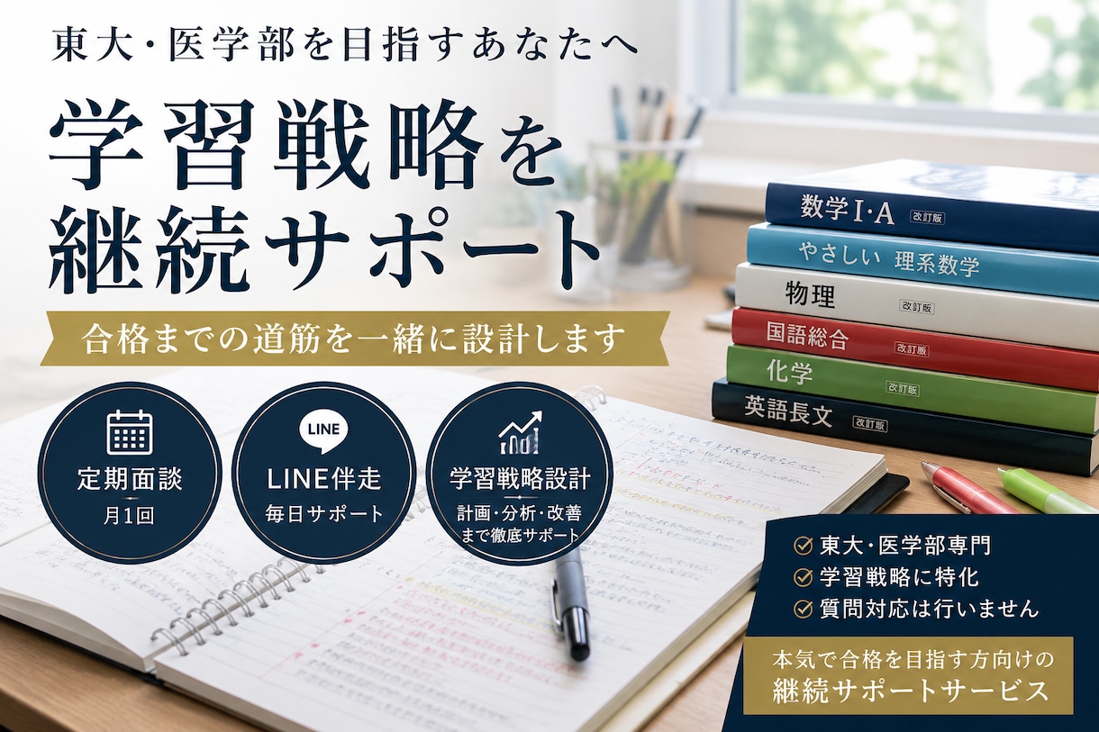 東大・医学部志望者の学習戦略を継続サポートします LINE伴走付きで、合格までの道筋を明確化します イメージ1