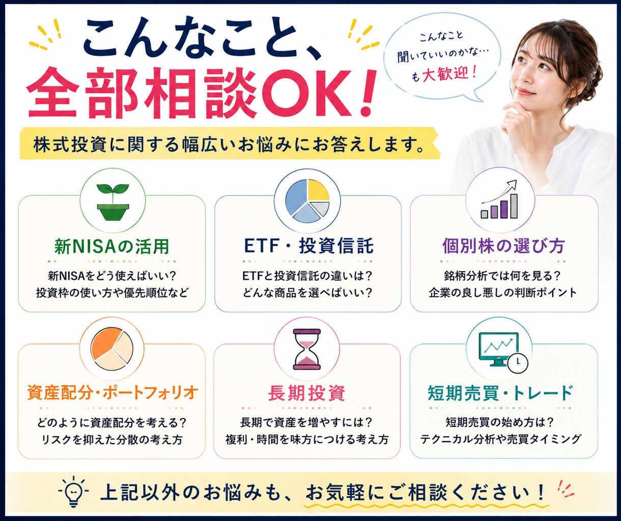 初心者の米国株・投資のお悩みを個別相談できます 私の場合どうする？を一緒に整理｜投資のお悩み3テーマに回答 イメージ4