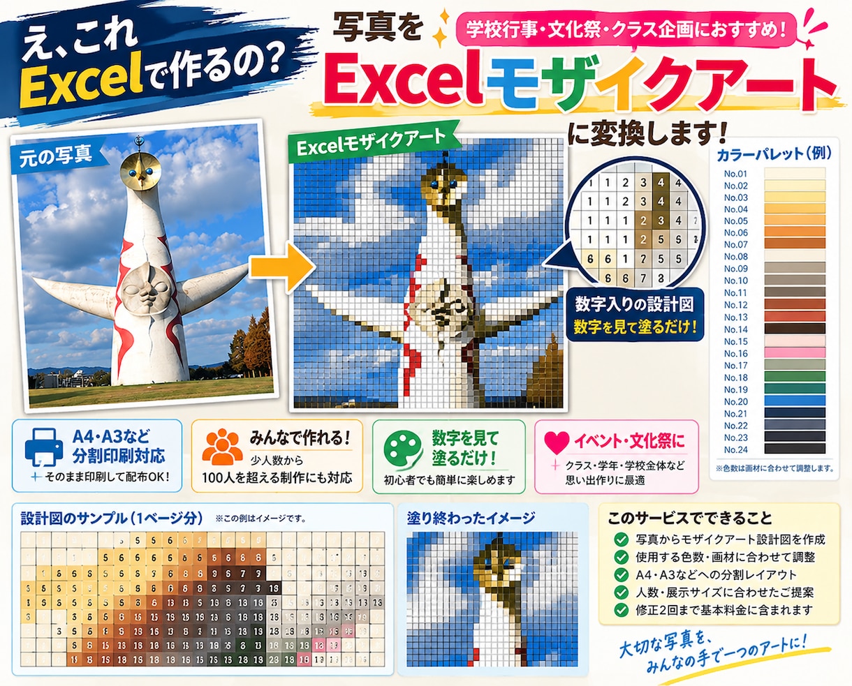 写真からモザイクアート設計図を作成します 文化祭・学校行事の共同制作をサポートします イメージ2