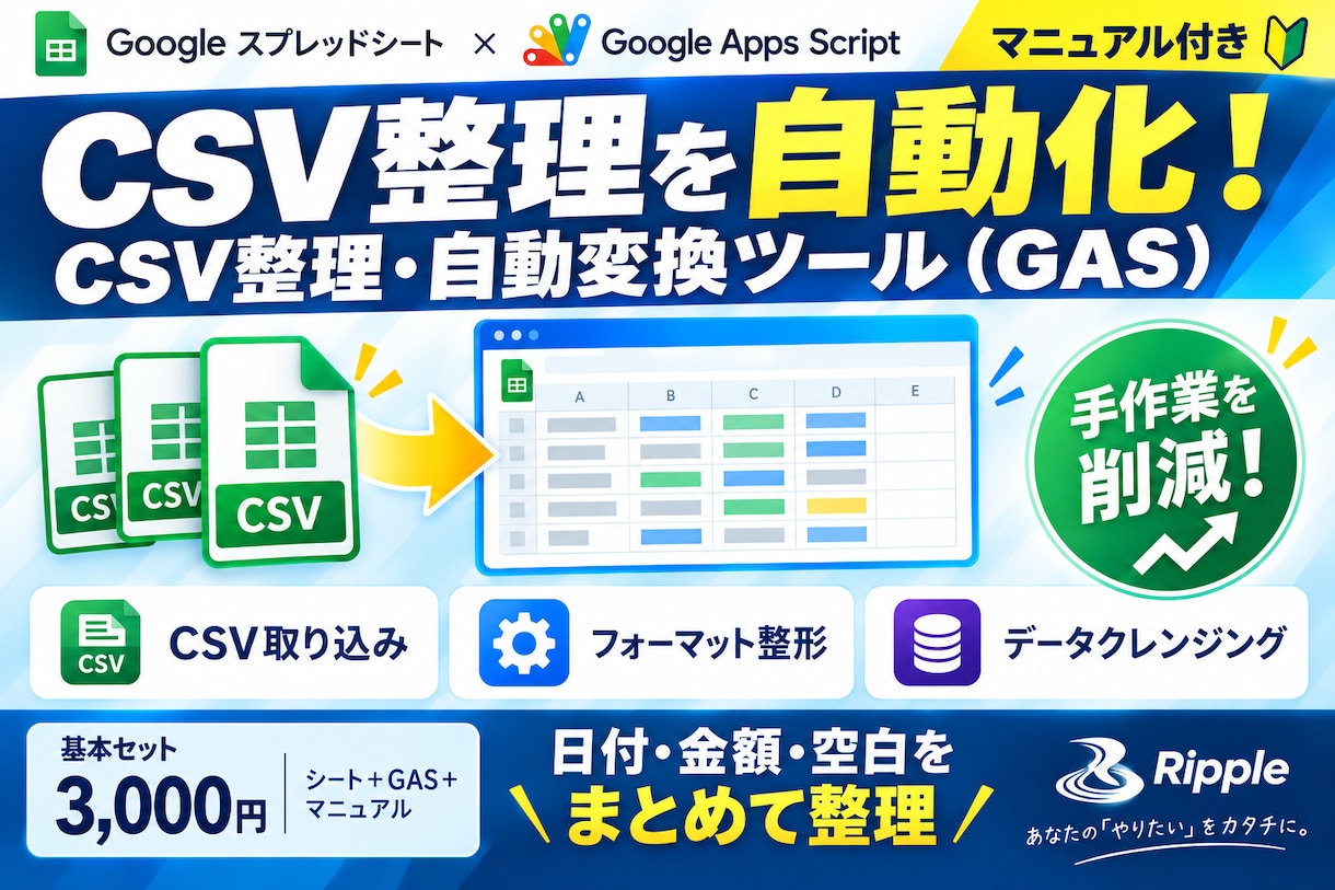 CSV整理・自動変換のGASツールを提供します 日付・金額・空白を一括整理！面倒なCSV修正を効率化 イメージ1