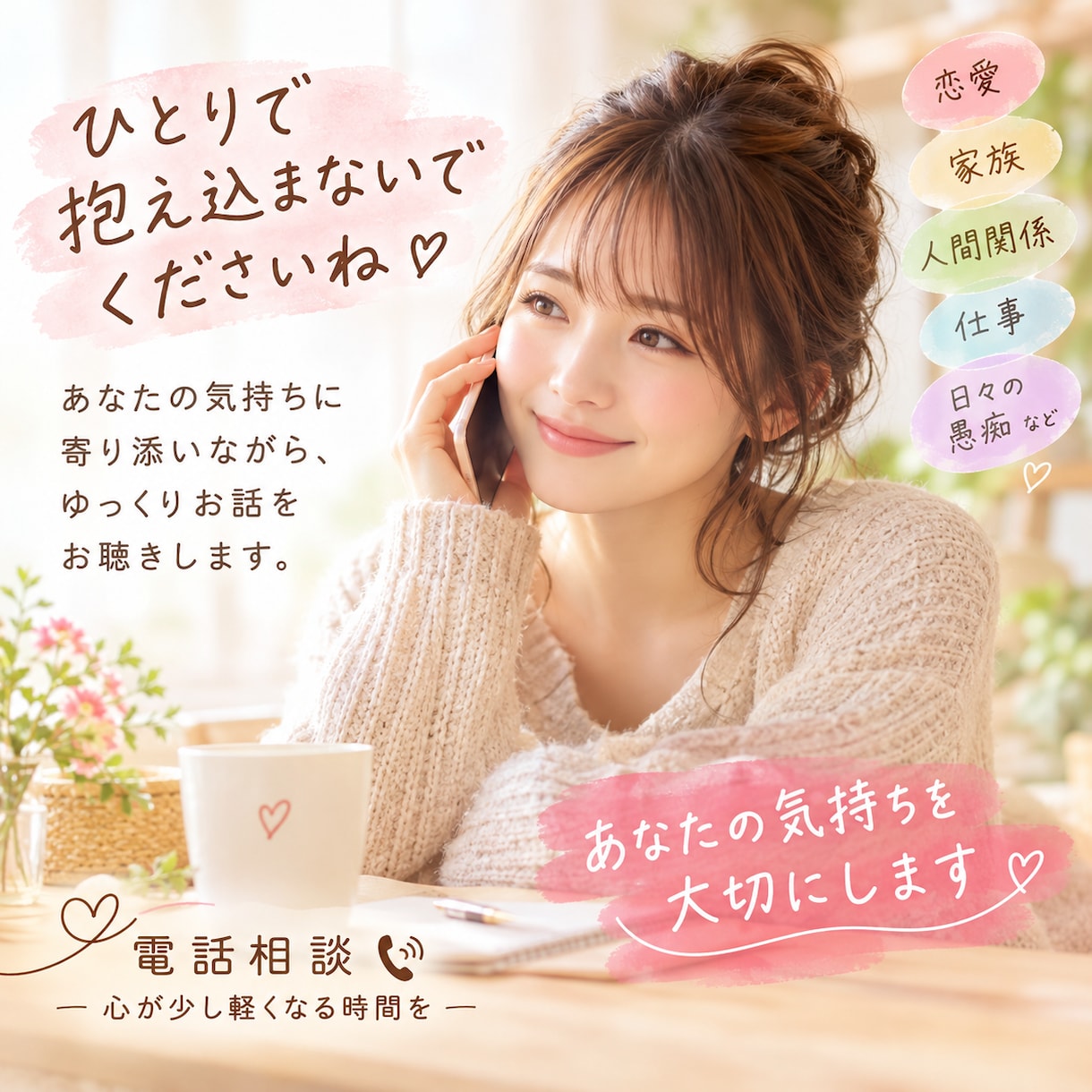 悩みも愚痴も丁寧に優しくじっくりお聴きします 話すだけで心が少し軽くなる、安心の時間をお届けします イメージ3