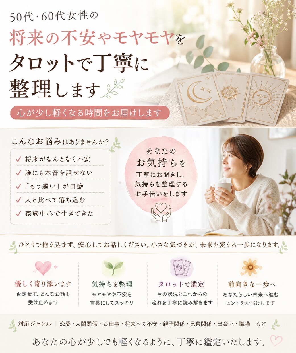 今の状況とこれからの流れをタロットで見ます 恋愛・仕事など幅広く対応。具体的にわかりやすくお伝えします。 イメージ1