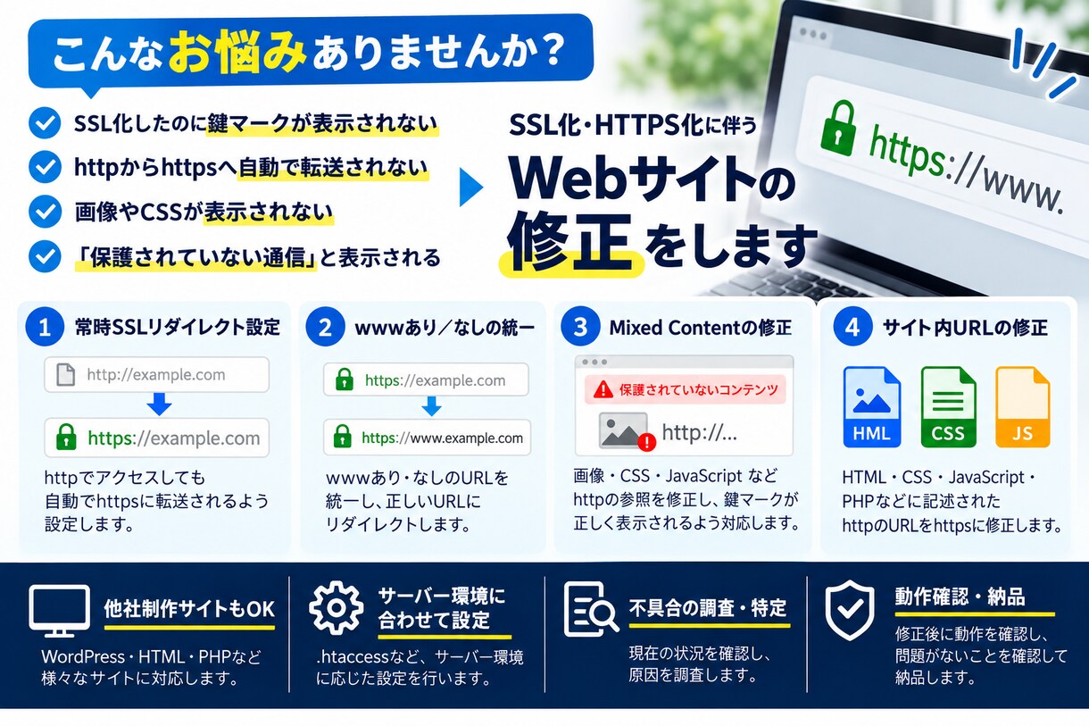 SSL・HTTPS化のサイト修正をします 常時SSL・Mixed Content・URL修正に対応！ イメージ3