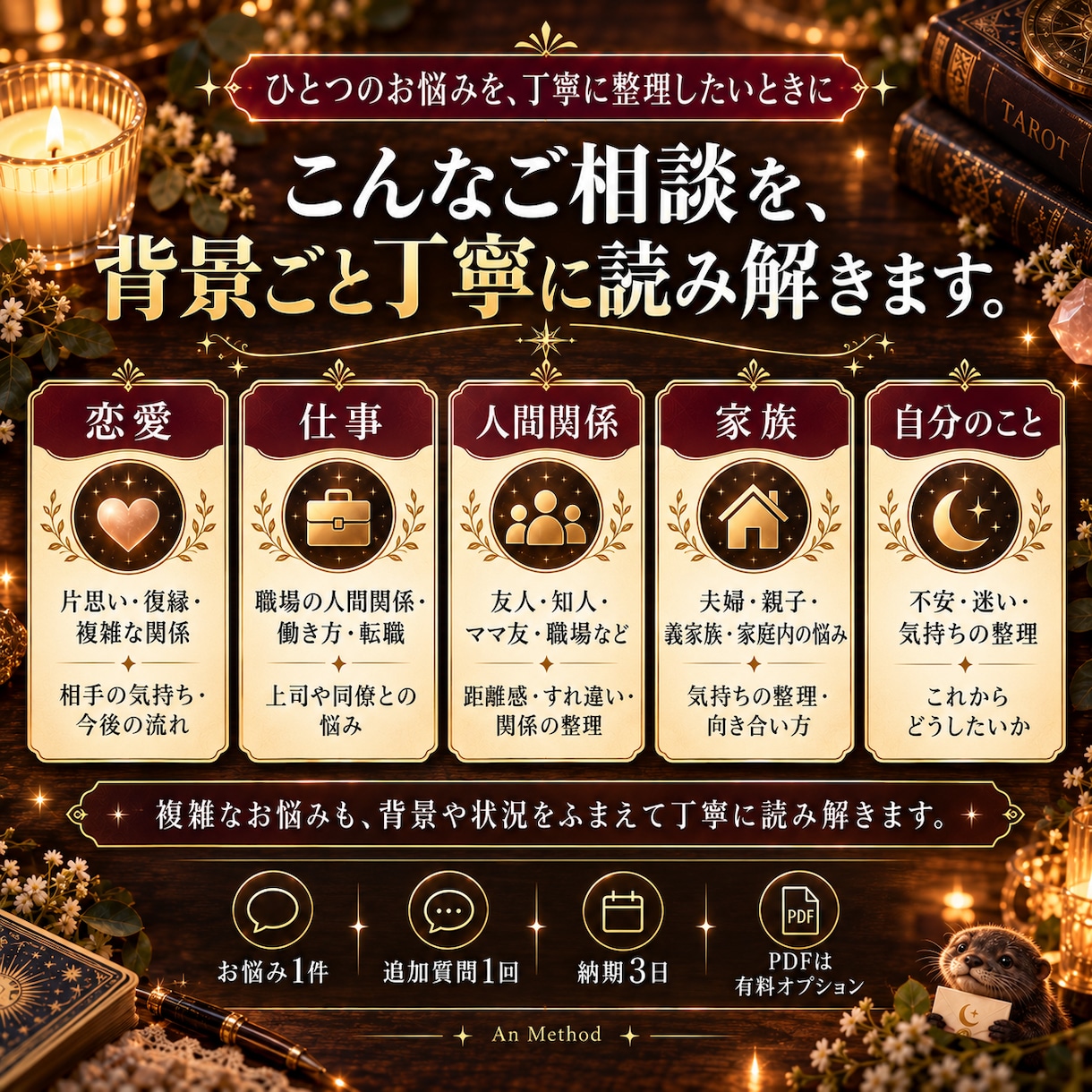 今の悩みを整理し、これからの向き合い方を読みます 答えだけで終わらない。今の状況と次の一歩まで丁寧に。 イメージ2