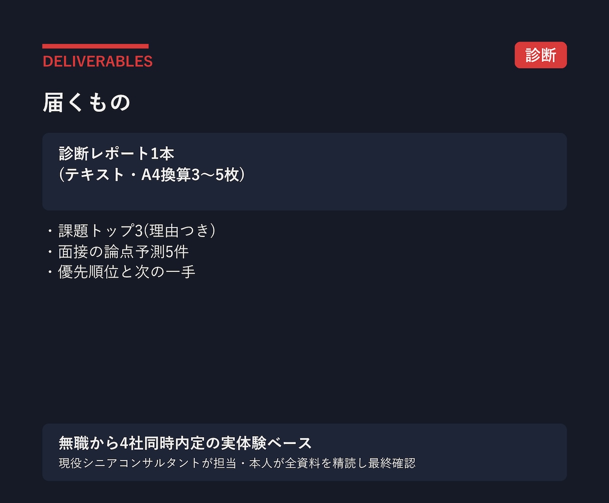 転職の職務経歴書と面接の弱点を診断します 4社同時内定の現役コンサルが落ちる原因を特定します イメージ9