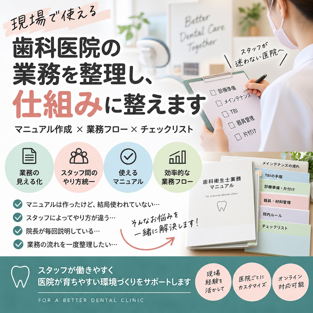 歯科医院の業務を整理し現場で使える仕組みに整えます 業務・院内ルール・マニュアルなど、医院に合わせて整理します イメージ1