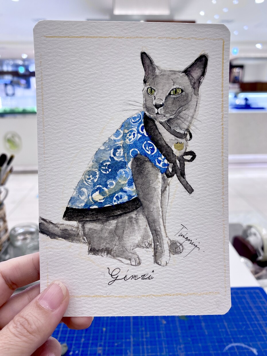 透明水彩を使用。可愛い猫の似顔絵を手描きで描きます ペット／猫／プレゼント／アート（※ワンコは別出品です） イメージ8