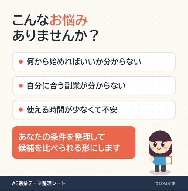 あなた専用のAI副業テーマ整理シートを作成します あなたの条件に合わせて副業テーマ候補を整理 イメージ2