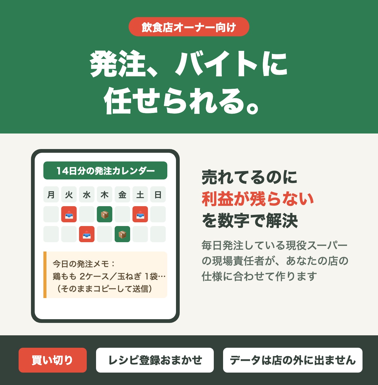 飲食店の発注と原価、バイトに任せる仕組み作ります 発注、バイトに任せられる。オーナーの時間が戻ります イメージ1