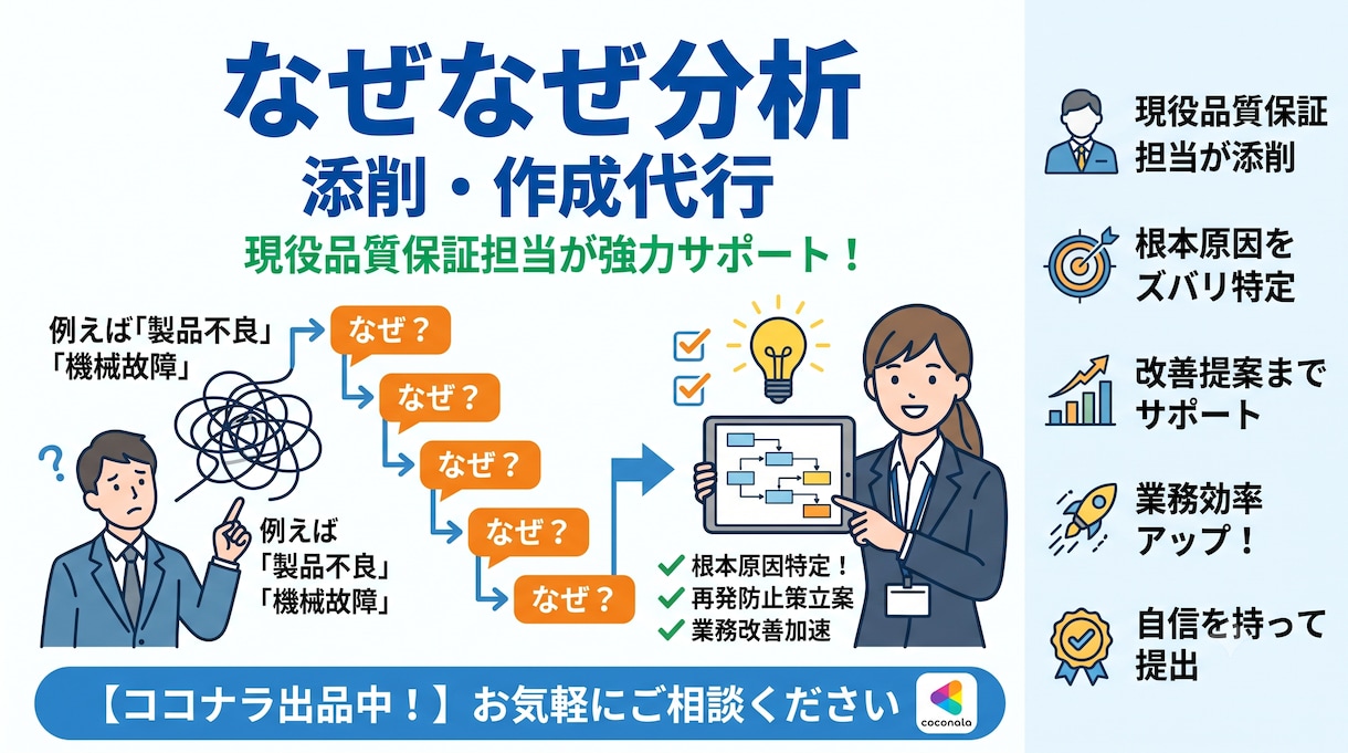 現役品質保証担当「なぜなぜ分析」添削作成代行します 真因まで、現場20年の視点で掘ります。 イメージ1